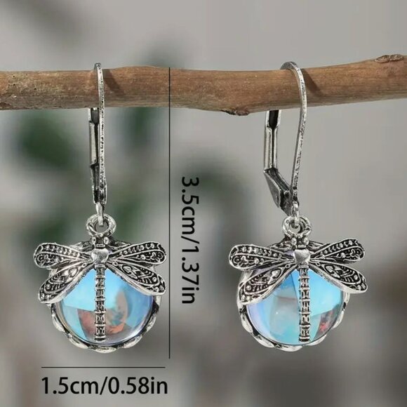 Dragonfly Dangle Earrings With Blue Glass & Silver Tone Finish - Picture 2 of 3